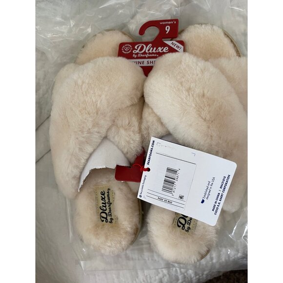 Dluxe by Dearfoam Cream Genuine Shearling Criss Cross Top Slide On Slippers - Picture 7 of 12